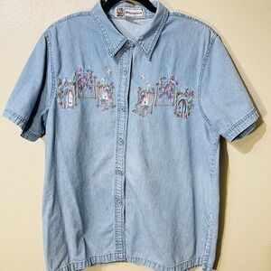 Passion Embroidered Denim Shirt Short Sleeve Cottagecore Country Women's Sz XL